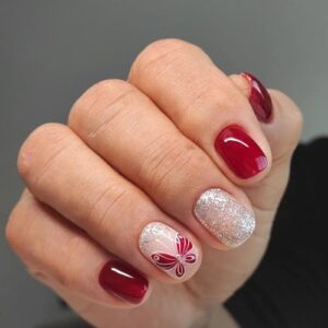 Christmas Red Press on Nails Short Square Fake Nails with and Glitter Designs Glue on Nails French Tip Acrylic Nails Cute Stick on Nails for Women and Girls 24PCS