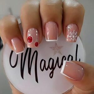 Christmas Short Press on Nails Square, Pink Fake Nails With Rhinestone Snowflake Pattern Design French Tip Acrylic False Nails Cute Stick on Nails 24pcs Glue on Nails For Women