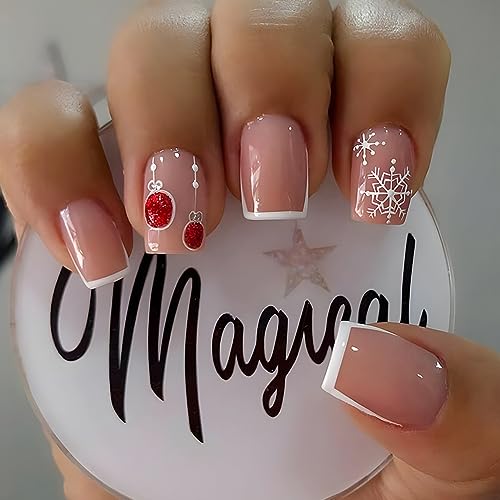 Christmas Short Press on Nails Square, Pink Fake Nails With Rhinestone Snowflake Pattern Design French Tip Acrylic False Nails Cute Stick on Nails 24pcs Glue on Nails For Women