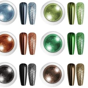 Chrome Nail Powder 6 Boxes Metallic Mirror Effect Nail Art Powder, Holographic Pigment Glitter Dust for Gel Polish Manicure Decoration with 6 Eyeshadow Sticks