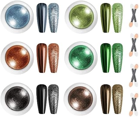 Chrome Nail Powder 6 Boxes Metallic Mirror Effect Nail Art Powder, Holographic Pigment Glitter Dust for Gel Polish Manicure Decoration with 6 Eyeshadow Sticks