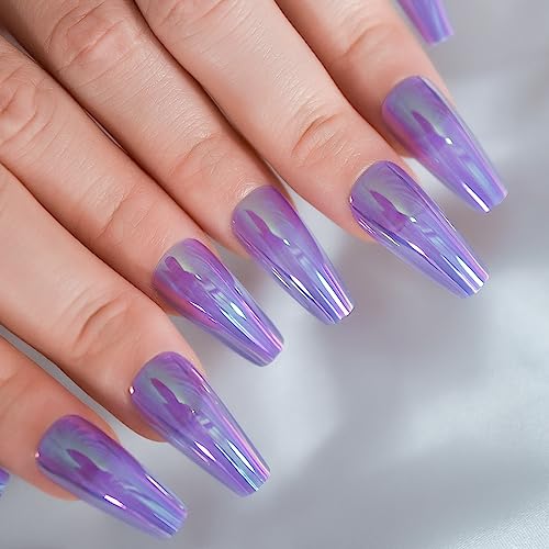 Chrome Purple Color Semi-Transparent Press on Nails - iBeautying False Nails - UV Gel Finish Finger Daily Wear Nail - Long Coffin Ballet Reusable Fake Nails
