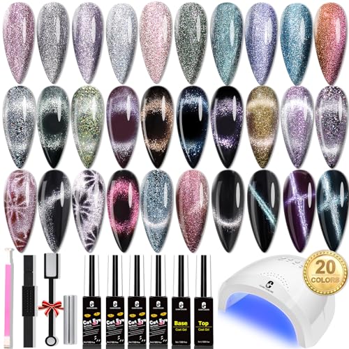 Clara Colors 20-Color Cat Eye Gel Nail Polish Kit with UV Lamp and Base Coat