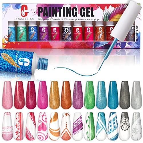 Clara Colors Metallic Nail Art Gel Liner,Gold Silver Red Painted Gel Nail Polish Set Soak Off 12 Colors Liner Gel UV LED Curing Require for DIY at Home Nail Salon Manicure Design
