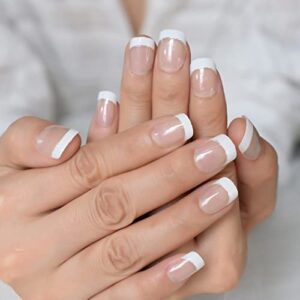 Clear French Nail Art Press On Nail Tips Short Shape White Top Silver Smile Line Decorative Round Manicure Tips Classy Nail With Glitter Salons At Home Fake Nails Art Uv Gel Fingernails Reusbale