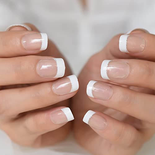Clear French Nail Art Press On Nail Tips Short Shape White Top Silver Smile Line Decorative Round Manicure Tips Classy Nail With Glitter Salons At Home Fake Nails Art Uv Gel Fingernails Reusbale - Image 2