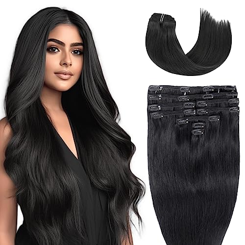 Clip In Hair Extensions 100% Real Human Hair, 1B# Natural Black, 14 inch, 7pcs, Soft & Natural, Lightweight, Invisible Ultra-thin Long Straight Hair Extensions, Smooth Silky