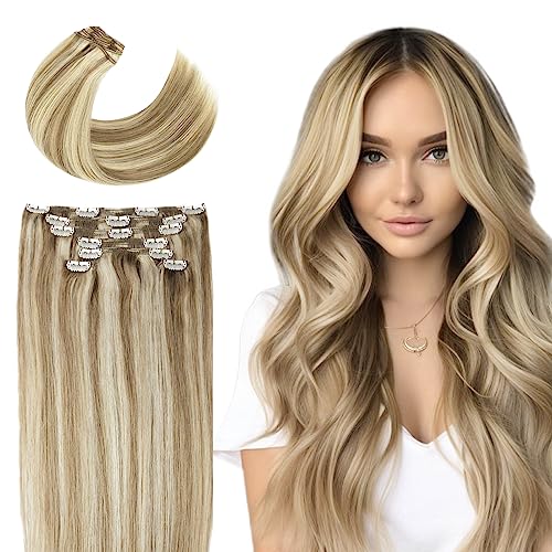 Clip In Hair Extensions 100% Real Human Hair, F14/22-Blonde Highlights, 14 inch, 7pcs, Soft & Natural, Lightweight, Invisible Ultra-thin Long Straight Hair Extensions, Smooth Silky