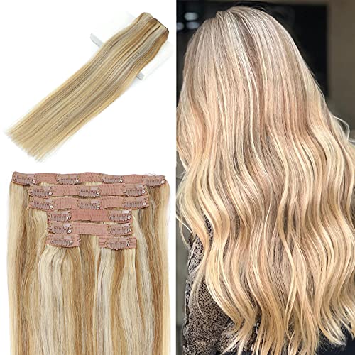 Clip in Hair Extensions 18 Inch 120g 7pcs Highlight Dirty Blonde to Bleach Blonde Real Clip in Human Hair Extensions Remy Natural Hair Extensions for Women (P18/613, 18 Inch)
