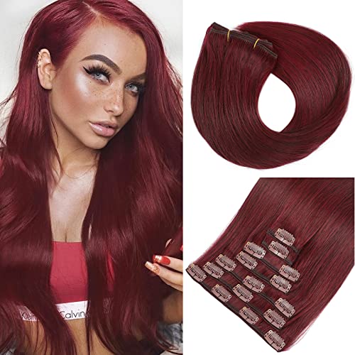 14 Inch #99J Burgundy Real Human Hair Clip In Extensions 8pcs 60g Double Weft