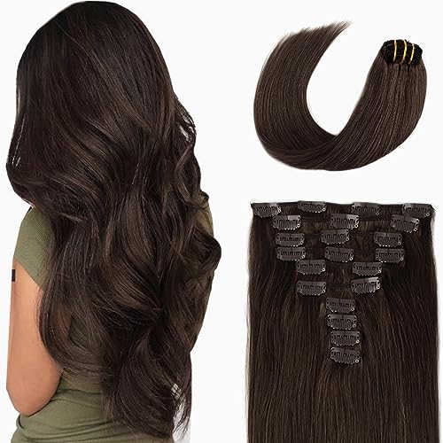 Clip In Hair Extensions Dark Brown 20inch 180g Remy Human Hair Extensions Clip On Weft Silky Straight Full Clip Hair Extensions [Color 2 Dark Brown 20inch]