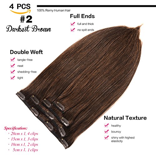 Clip in Hair Extensions Real Human Hair 14 Inch Darkest Brown #2 Color Double Weft 100% Remy Human Hair Thick Long Soft Silky Straight 4pcs 10clips for Women 60grams - Image 2