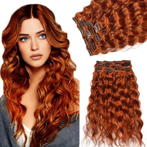 Clip in Hair Extensions Real Human Hair 70g 7PCS Curly Clip in Hair Extensions 16 inch Ginger Orange Water Wave Real Human Hair Clip ins Hairpieces