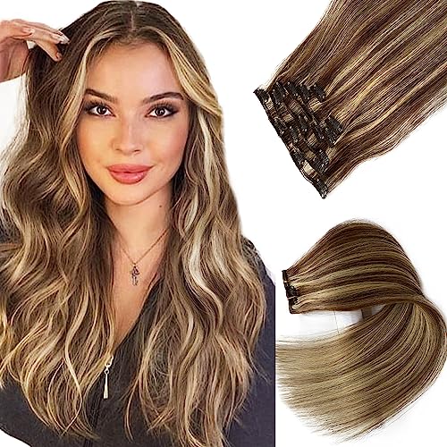 18 Inch Chestnut Brown Balayage Clip In Human Hair Extensions 70G 7 Piece Set