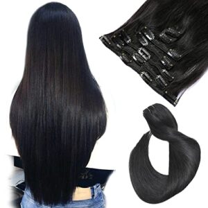 Clip in Hair Extensions Real Human Hair, Natural Black Hair Extensions Clip in Human Hair 16 Inch 7 Pcs 70G Double Wefts Straight Remy Human Hair Clip in Extensions for Women 2 Sets for Full Head