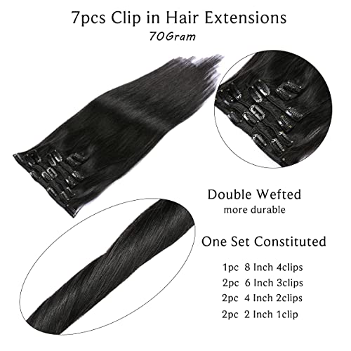 Clip in Hair Extensions Real Human Hair, Natural Black Hair Extensions Clip in Human Hair 16 Inch 7 Pcs 70G Double Wefts Straight Remy Human Hair Clip in Extensions for Women 2 Sets for Full Head - Image 2