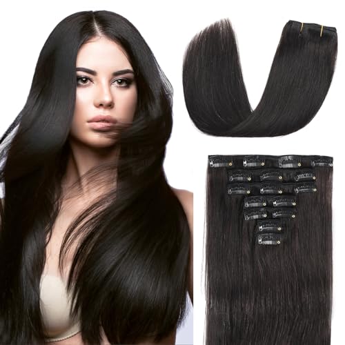 Clip in Hair Extensions Real Human Hair,100% Human Hair,7 Pcs 70g Natural soft Straight Double Weft Clip ins for Women 16 Inch #1B Natural Black
