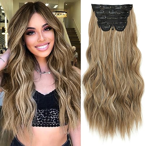 Clip in Synthetic Hair Extensions 20Inch 6PCS Clip Ins Long Wavy Fiber Thick Hairpieces Natural Hair Extension full Head for Women (230G,Medium Brown Ash Blonde)