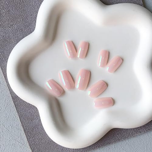Coconut Pink Chrome Square Press on Nails Short Medium,KQueenest Mirror Metal Plating False Acrylic Nails Press Ons,Natural Fit Glue on Nails Short Coffin,Light Stick on Nails for Women in 24 PCS - Image 4