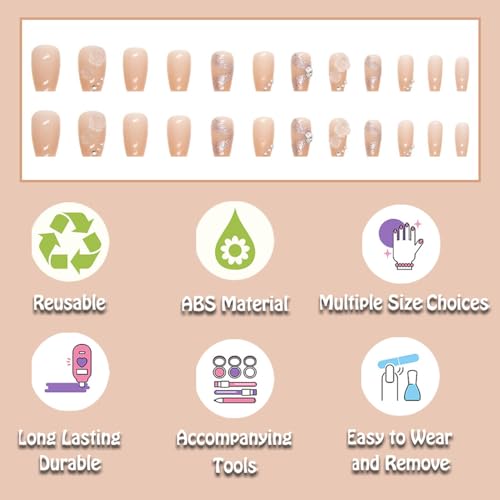 Coffin Press on Nails BrownShort Medium Fake Nails with Acrylic Glue Glue on Nails with Glitter Rhinestone Flower Design Manicure False Nails Women Gel Stick on Nails for Wedding ALSJkk68 - Image 3