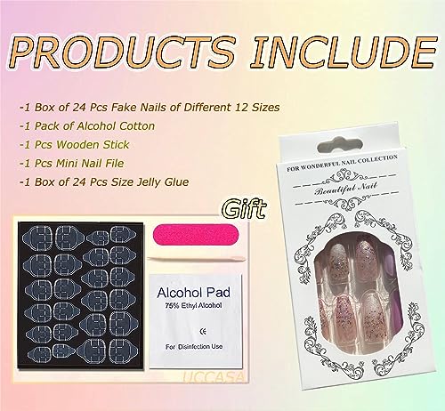 Coffin Press on Nails Light Purple Fake Nails Medium Length Fake Nails Purple Full Cover Acrylic Nails with Gradient Glitter Designs Glue on Nails Glossy Artificial Nails Stick on Nails for Women - Image 7