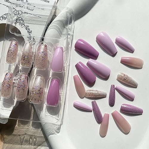 Coffin Press on Nails Light Purple Fake Nails Medium Length Fake Nails Purple Full Cover Acrylic Nails with Gradient Glitter Designs Glue on Nails Glossy Artificial Nails Stick on Nails for Women - Image 4