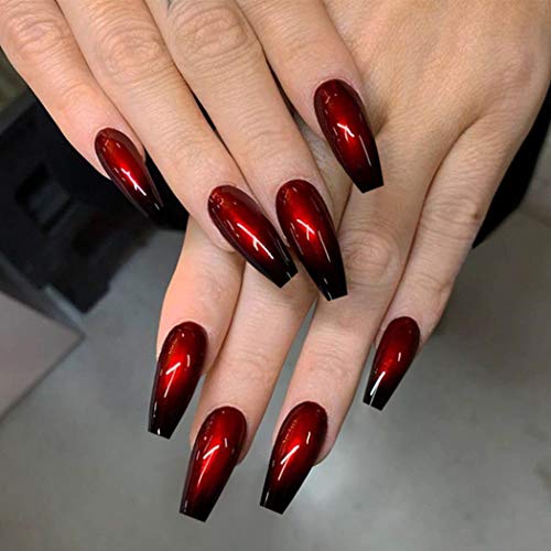 Coffin Press on Nails Long Black Fake Nails with Designs Ombre Glossy False Nails Full Cover French Tip Nails Halloween Acrylic Nails for Women and Girls (24pcs)