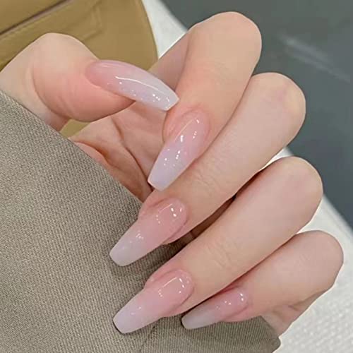 Coffin Press on Nails Long Fake Nails Nude Pink Gradient Glue on Nails Ballerina Acrylic Nails Press on Full Cover Glossy False Nails with Gule Stick on Nails for Women and Girls 24PCS