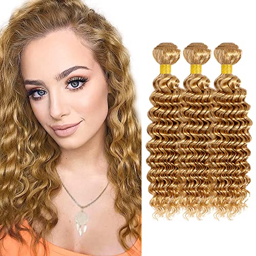 Color 27 Human Hair Bundles Blonde Deep Wave Bundles Honey Blonde Human Hair Bundles 18 20 22 inch Peruvian Virgin Golden Blonde Bundle