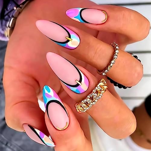 Colorful French Tip Press on Nails Medium Almond Fake Nails Black Line and 3D Gold Line Designs False Nails Full Cover Glue on Nails Acrylic Oval Artificial Nails Stick on Nails for Women 24Pcs