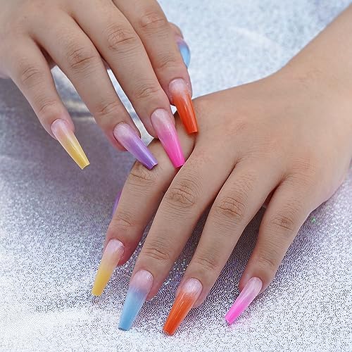 Colorful Press on Nails, 24Pcs Long Coffin Rainbow Gradient Design Fake Nails, French Glue on Nails for Manicure Decor, Summer Colorful False Nails for Women Girls