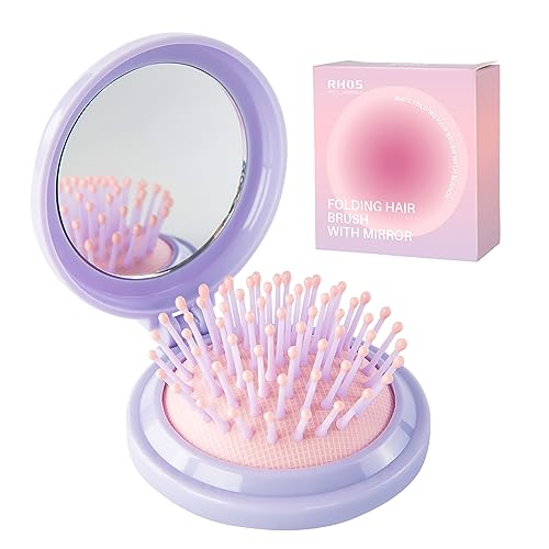 Compact Purple Folding Hair Brush with Built-in Mirror for Travel
