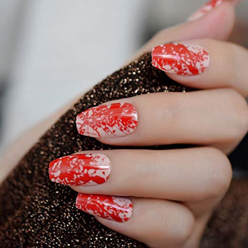 CoolNail Red fresh Blood Splashing Ballerina Coffin False Nails Horrific Corpse Style Press on Fake Nails Tips Daily Office Finger Wear