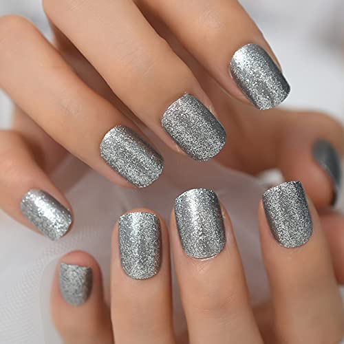 Coolnail Silver Glitter Press on Nails Square Artificial Short False Nail Tip for Office Home Fake Finger Nail Faux Ongle for Women Girl