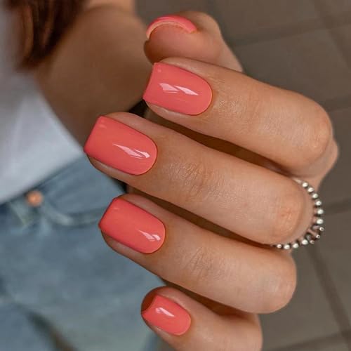 Coral Orange Press on Nails Short Square,Short Fake Nails Glue on, Short Square Nails Press ons,False Nails Press on,Glue on Nails Short Stick on Nails for Women and Girls 24PCS