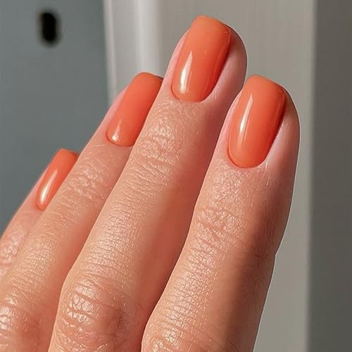 Coral Orange Press on Nails Short Square,Short Fake Nails Glue on, Short Square Nails Press ons,False Nails Press on,Glue on Nails Short Stick on Nails for Women and Girls 24PCS - Image 2