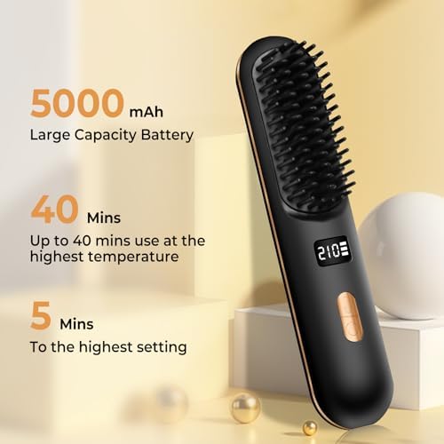 Rechargeable Mini Hair Straightener Brush 410°F, 5000mAh Capacity Portable Hot Comb for Women - Image 2
