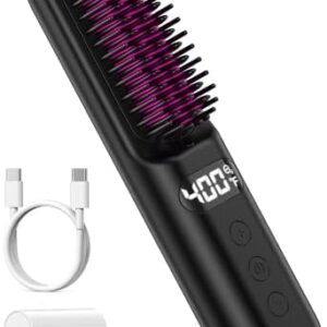 Cordless Hair Straightener Brush, YFG Portable Ionic Straightening Comb with 10000mAh Fast Charge,7 Temps,Fast Heating,LED Display&Anti-Scald, Electric Travel Heated Iron Brush for Hair Styling,Black