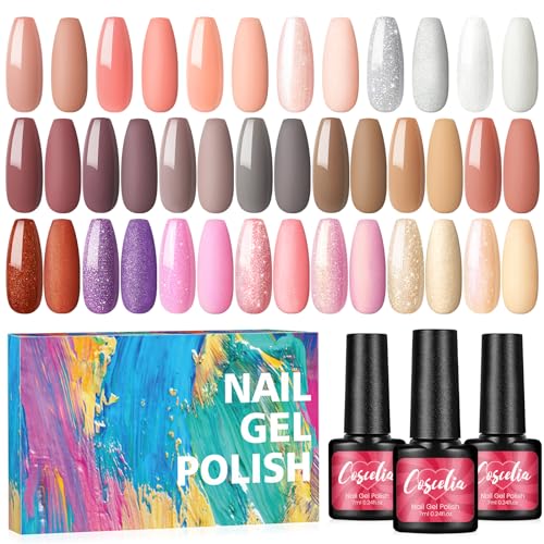 COSCELIA Gel Nail Polish Set 20PCS Gel Nail Polish Kit Glitter Pink Red Brown Nude Soak Off Nail Polish Spring Colors Collection Nail Art Design Gifts for Women Girls DIY