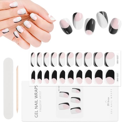 Cured Gel Nail Strips, TOROKOM 20 Stickers Golden Pink Black Gel Nail Polish Stickers Wraps Adhesive Gel Nail Stickers with Nail File Stick and Sealing Strip (UV/LED Lamp Required)