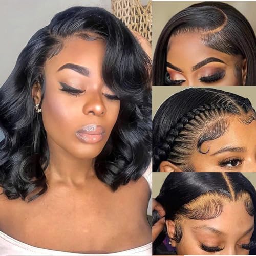 Curly Bob Wig Human Hair 13x4 Lace Front Wigs Human Hair Pre Plucked 180% Density Body Loose Wigs Human Hair For Women Short Bob Wigs Brazilian Wavy Wave Human Hair Wig (Black Loose, 10 Inch)