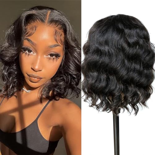 Curly Bob Wig Human Hair 13x4 Lace Front Wigs Human Hair Pre Plucked 180% Density Body Loose Wigs Human Hair For Women Short Bob Wigs Brazilian Wavy Wave Human Hair Wig (Black Loose, 10 Inch) - Image 3