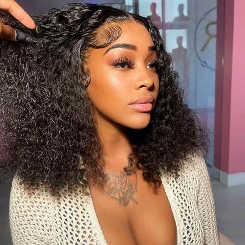 Curly Bob Wig Human Hair 13X4 Water Wave Lace Front Wig Human Hair Pre Plucked 200% Density Curly Bob Wigs for Women Natural Color 14 Inch