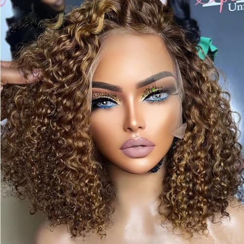 Curly Bob Wig Lace Front Human Hair Highlight 4/27 Color Deep Wave Wig 13X6 HD Lace Front Wig Pre Plucked for Women Brazilian Remy Hair 150% Density 16Inch