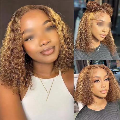 Curly Bob Wigs 13X4 Lace Front Wig Brazilian Remy Human Hair Wigs Brown Deep Wave Short Wig For Women 13x4 lace highlight 18inches#180%