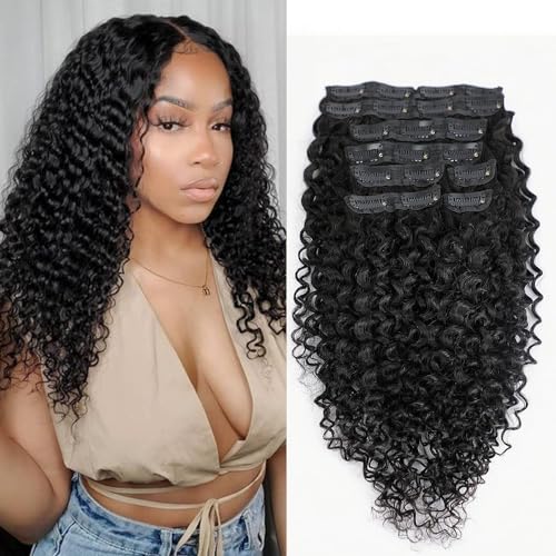 Curly Clip in Hair Extensions Real Human Hair Brazilian Virgin Hair Double Weft Clip ins Hair Extensions for Black Women Human Hair Full Head 8 Pcs Per Set (16 Inch, Natural Black)