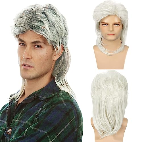 Men's Short Curly Silver Gray Mullet Wig 70s 80s Disco Rocker Costume Accessory
