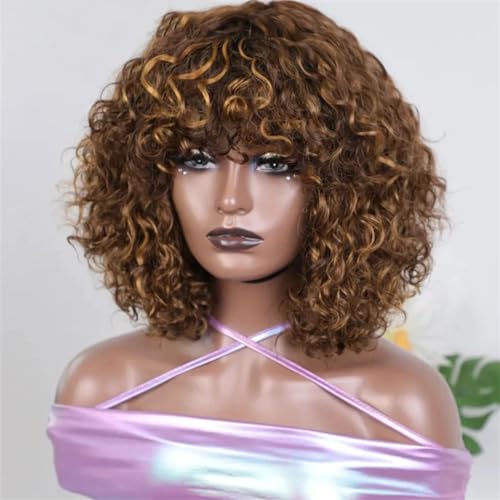 Curly Short Bob Human Hair Wigs With Bangs Brazil Short Wigs For Women Highlight Blonde Colored Human Hair Wigs P4-30-27 18inches