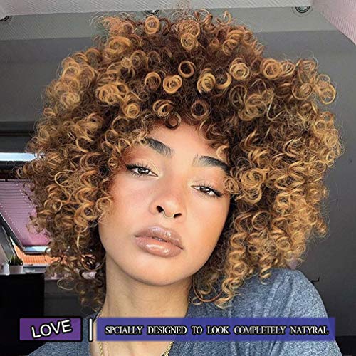 Curly Wigs for Black Women - Kinky Afro Curly Wig with Bangs 2 Tone Blonde Mixed Brown Color Synthetic Heat Resistant Full Wigs with 1 Wig Comb and 4pcs Wig Caps - Image 2