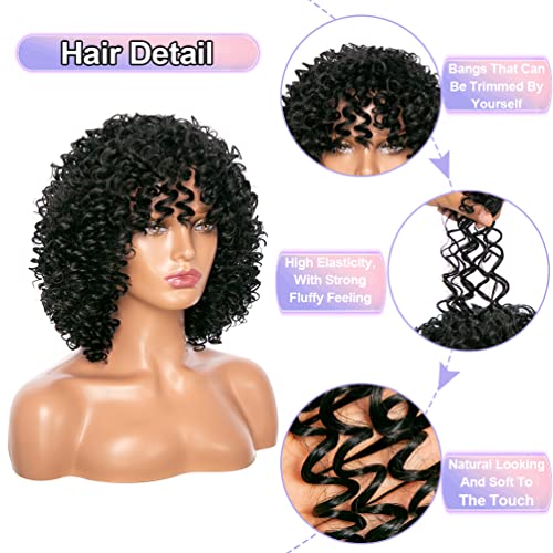 Curly Wigs for Women, 14 Inches Soft Curly Afro Wigs with Bangs,Synthetic Natural Black Curly Wigs, Curly Full Wig for Women(1B Natural Black) - Image 6